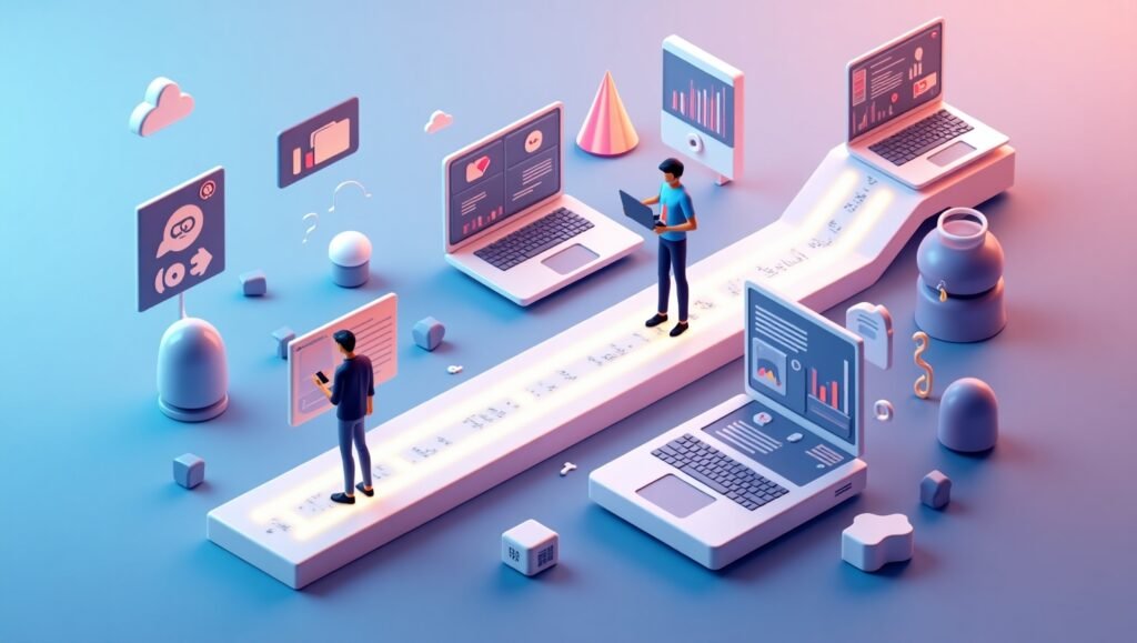 3D illustration showing a step-by-step digital business roadmap including purpose, branding, marketing, and collaboration in 2025.