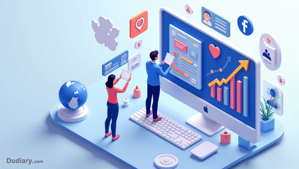 3D isometric illustration showing Facebook marketing tools including ad targeting, audience segmentation, social proof, and conversion tracking dashboard